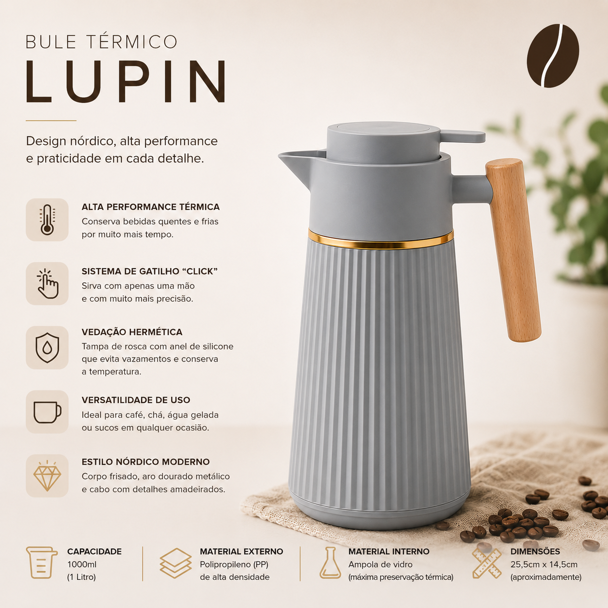 Bule Térmico Lupin Cinza 1L