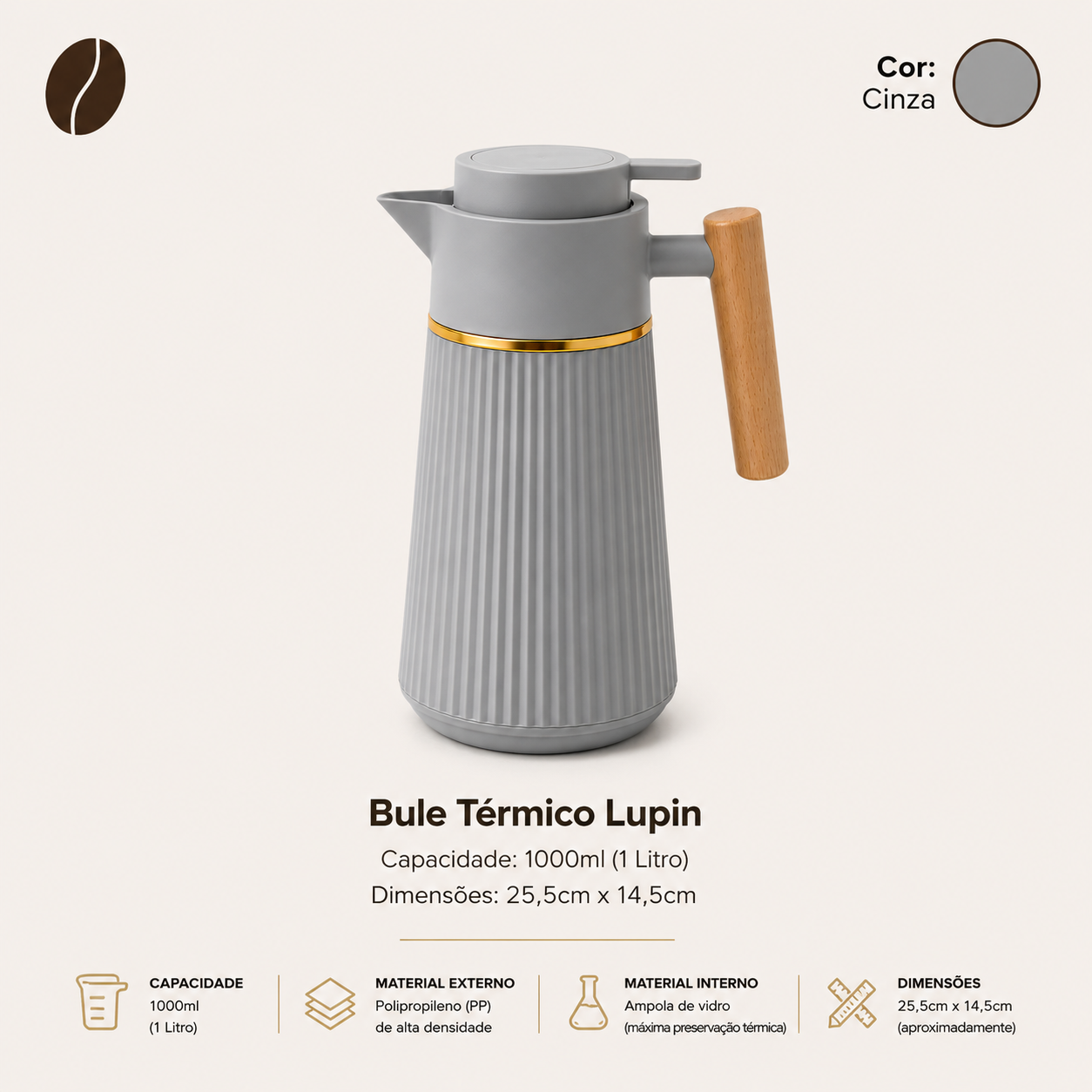 Bule Térmico Lupin Cinza 1L