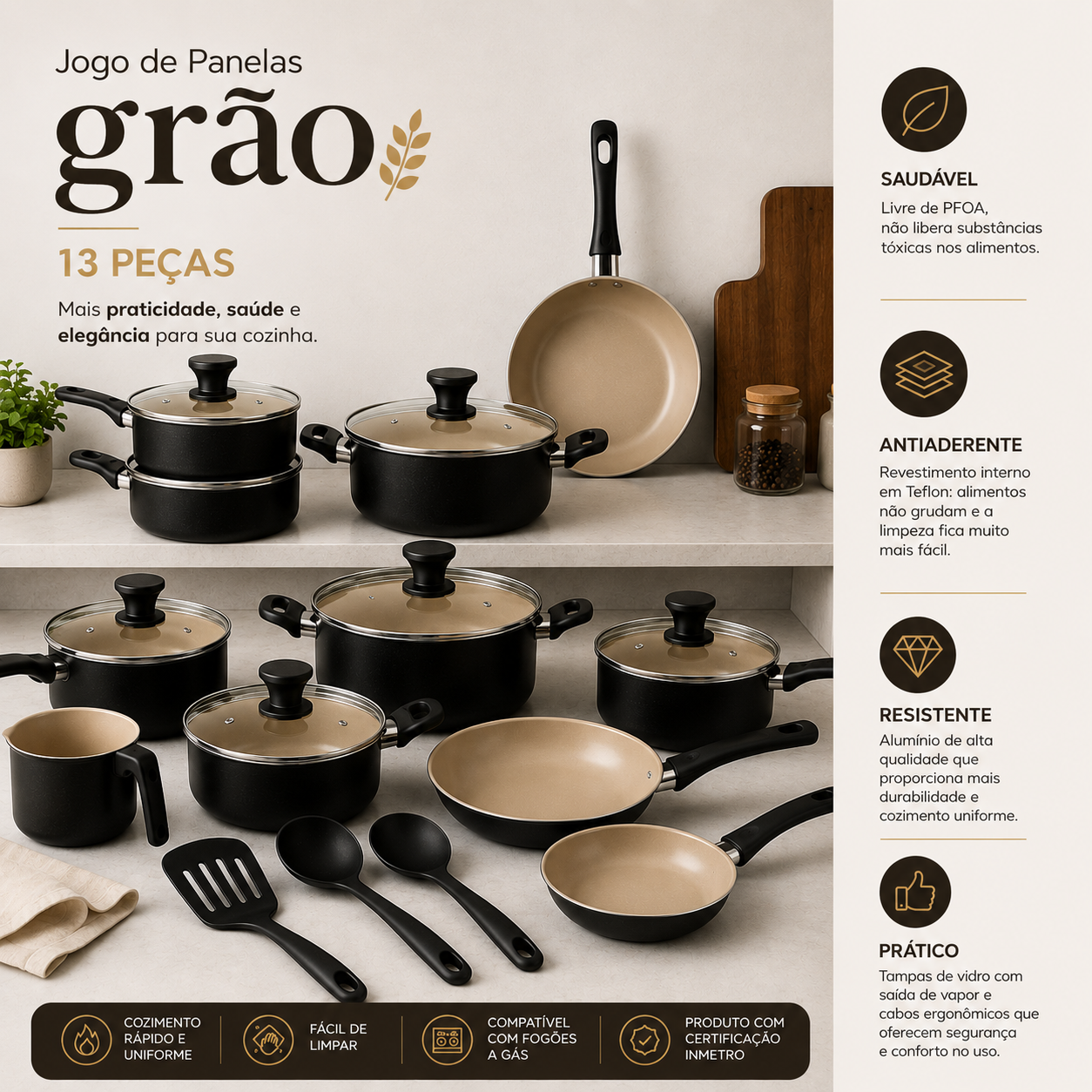 Jogo de Panelas Caçarola 13 Peças Grão Preto
